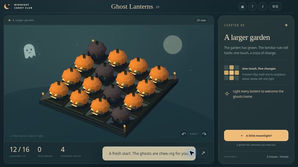 Ghost Lanterns 3D Halloween pumpkin garden with light counters, soul-linked lanterns, and puzzle controls