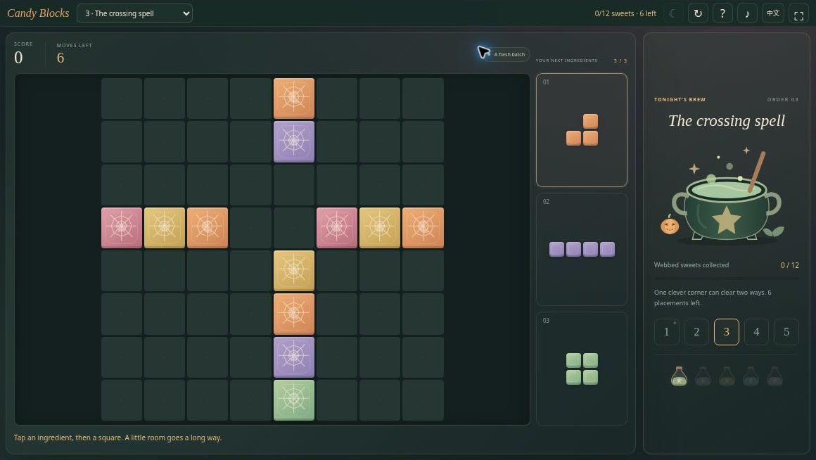 Witch’s Candy Blocks showing an eight-by-eight candy board, three-piece tray, cobweb targets, and cauldron