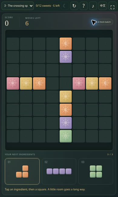 Compact Witch’s Candy Blocks layout with the board, tray, order progress, and Moon Rewind controls