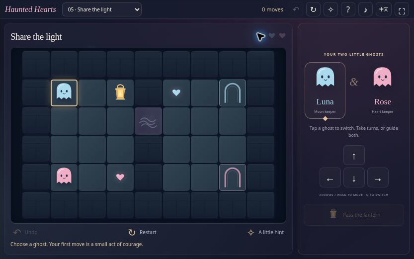 Actual Haunted Hearts interface showing the two ghosts and a puzzle room
