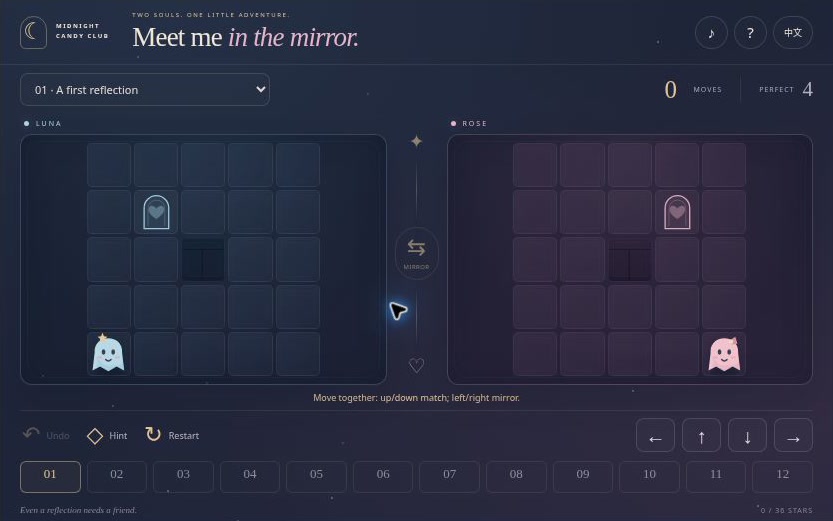 Moonlit Mirrors Halloween love puzzle with Luna and Rose in paired rooms and heart-shaped exits