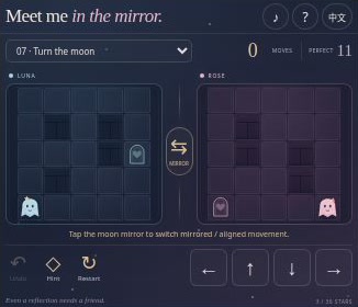 Moonlit Mirrors compact player with two ghost rooms, direction pad and puzzle controls