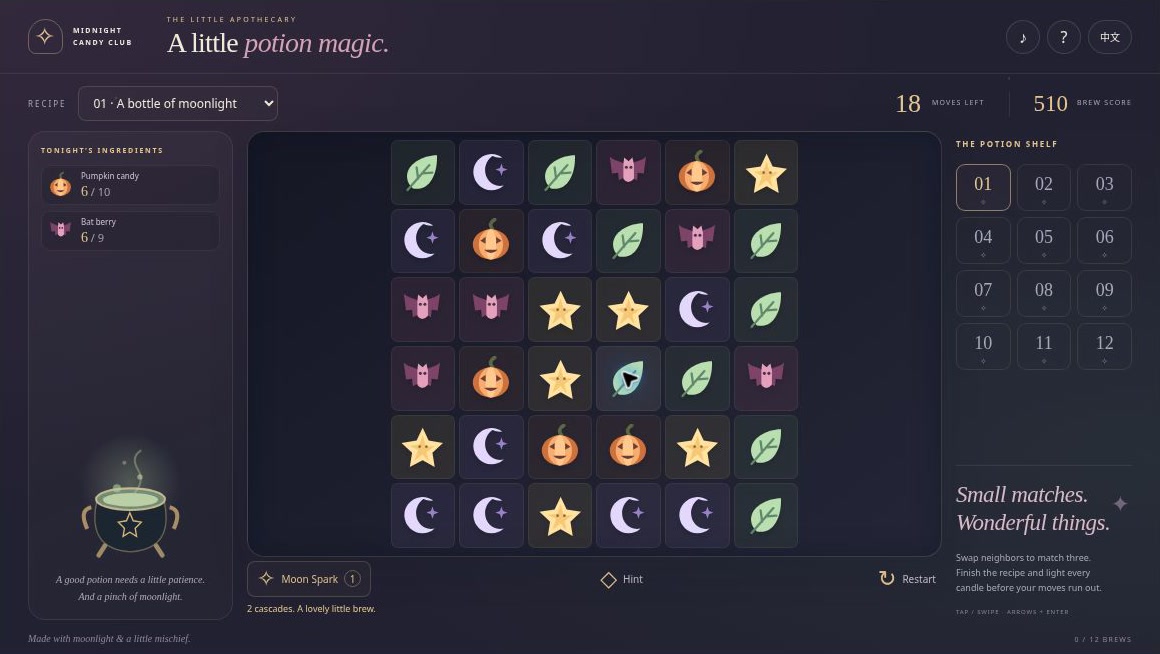 Actual Witch’s Potion Match interface with ingredients and recipe targets