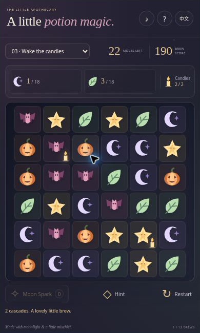 Compact Potion Match player showing the ingredient board, remaining moves and Moon Spark