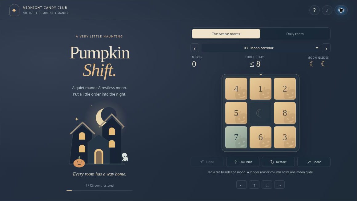 Pumpkin Shift Halloween sliding puzzle with numbered tiles, an empty square and Moon Glide counters