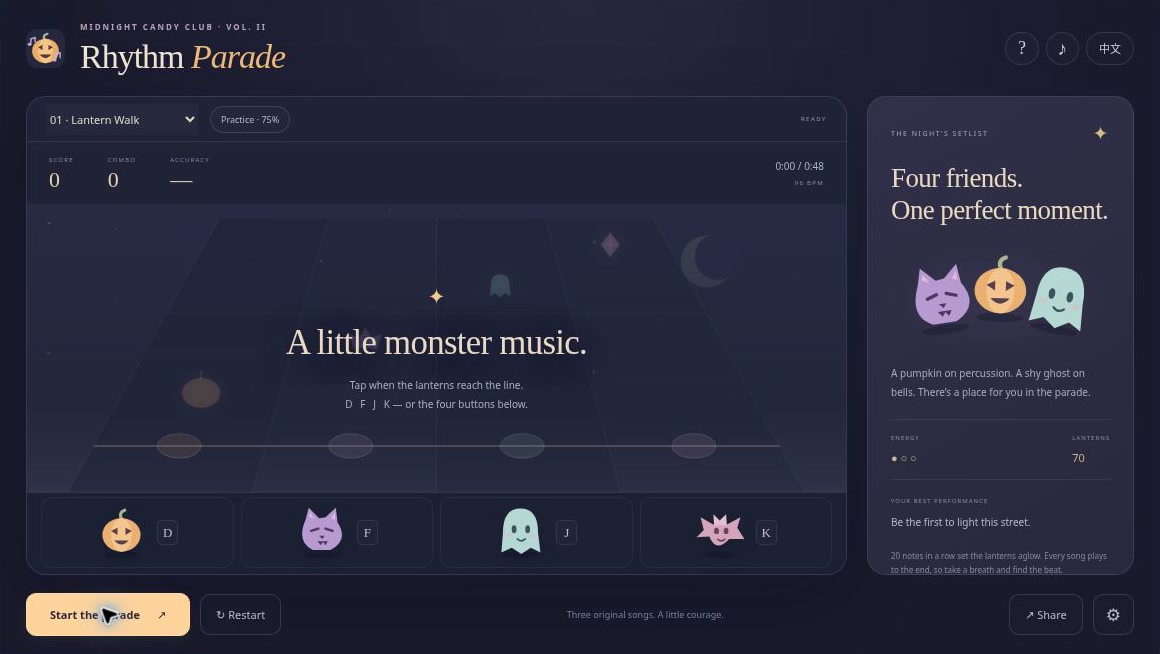 Midnight Rhythm Parade Halloween music game with four note lanes, a gold timing line and monster buttons