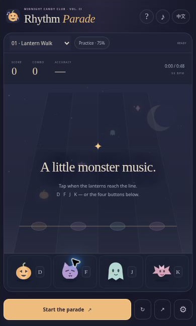 Compact Midnight Rhythm Parade with falling notes, score and four touch controls