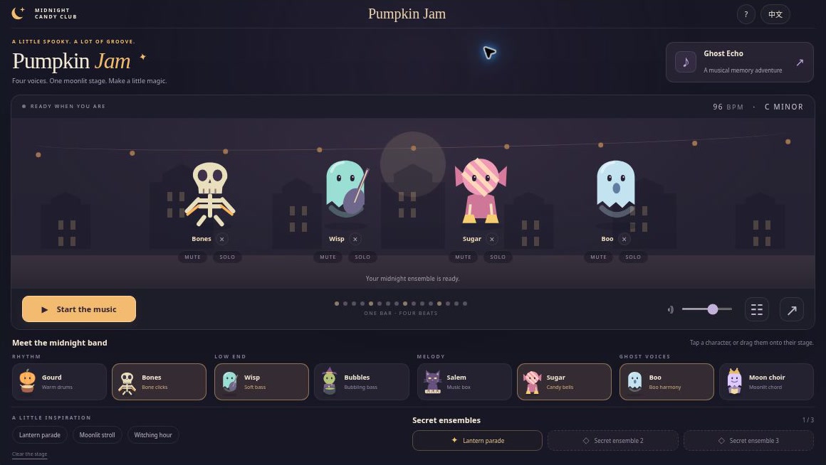Pumpkin Jam Halloween music maker with four monster performers, sound choices, and playback controls