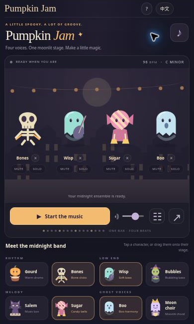 Pumpkin Jam in a compact iframe with instrument selection and Start controls