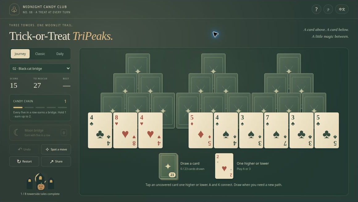 Halloween TriPeaks solitaire showing three card peaks, stock, waste and a Moon Bridge meter